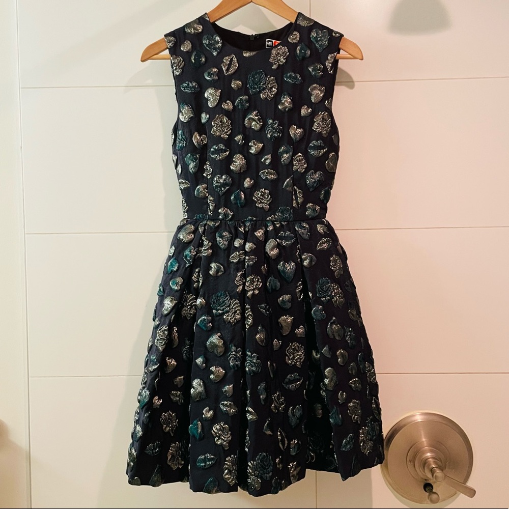 MSGM dark navy dress with iridescent green-gold puffed patterns
